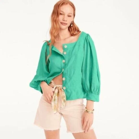 J.Crew Tops - J Crew Square Neck Button Front Green Linen Top Shirt Cotton Poplin Small
